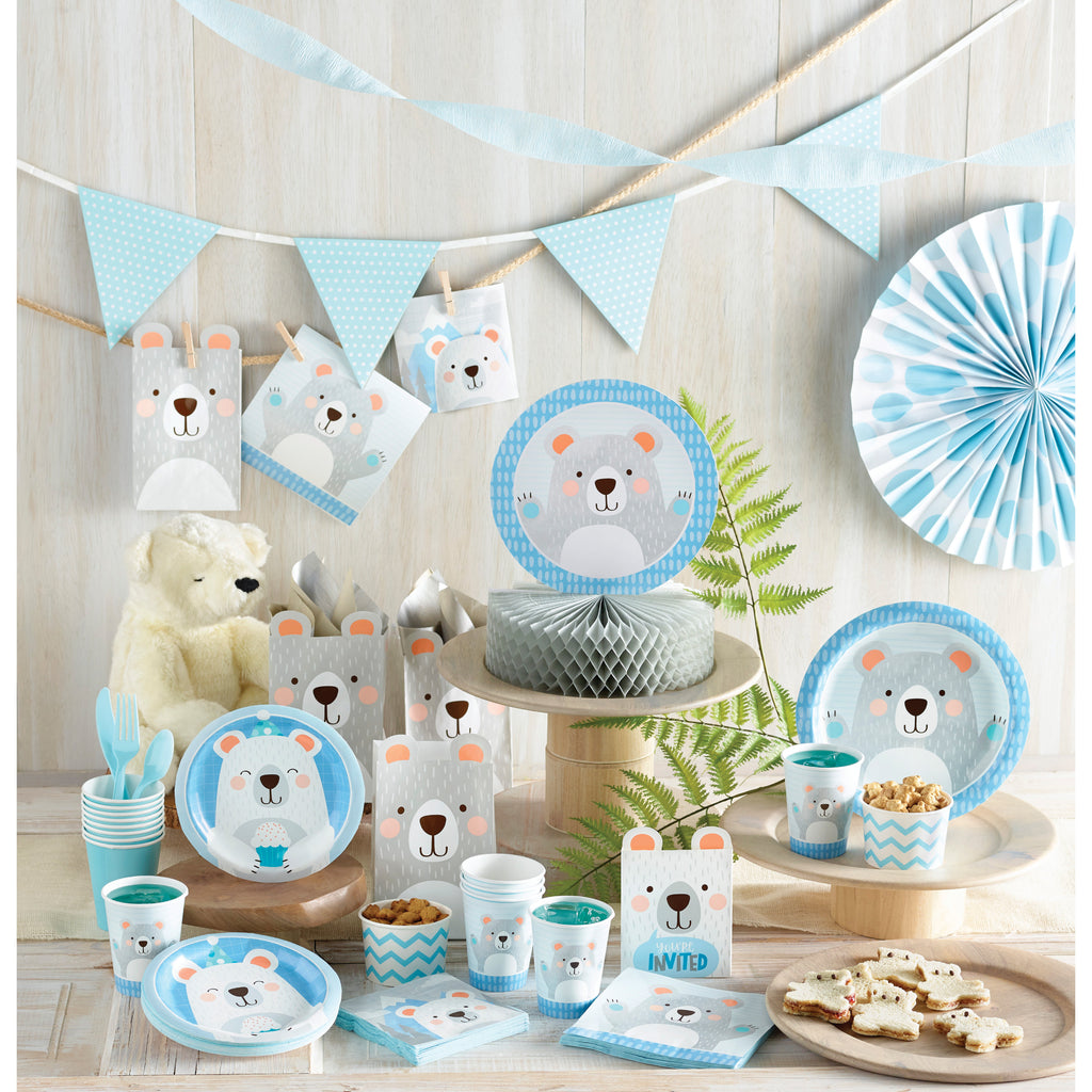 Kit Fiesta Oso Polar - Cumpleaños Niño con vajilla desechable y decoración temática para 8 invitados. Incluye platos, vasos, servilletas y banderines.