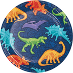 Plato decorativo con múltiples dinosaurios en colores brillantes sobre fondo azul, ideal para fiestas temáticas.