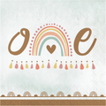 Servilleta decorativa del Kit Fiesta Arcoiris Boho 1er Cumpleaños con diseño de arcoíris en tonos pastel y la palabra 'one'.