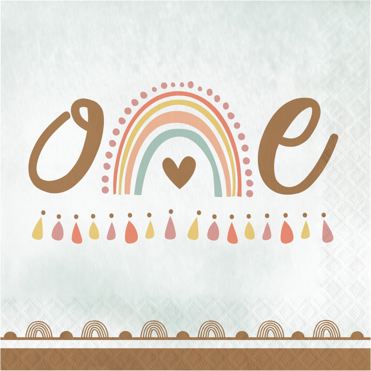 Servilleta decorativa del Kit Fiesta Arcoiris Boho 1er Cumpleaños con diseño de arcoíris en tonos pastel y la palabra 'one'.