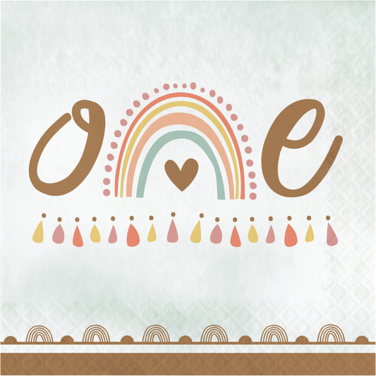 Servilleta decorativa del Kit Fiesta Arcoiris Boho 1er Cumpleaños con diseño de arcoíris en tonos pastel y la palabra 'one'.