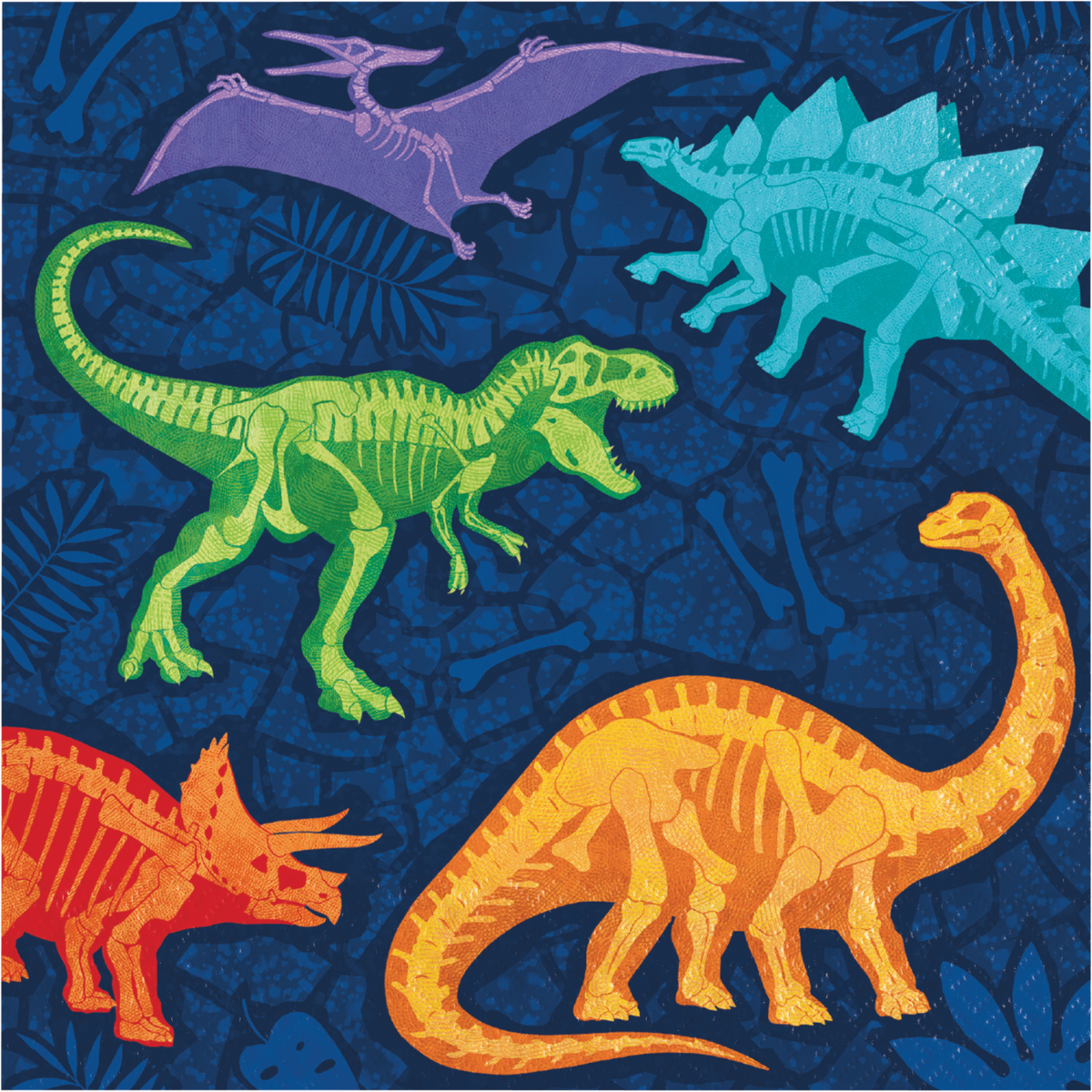 Servilletas con estampado de dinosaurios coloridos, perfectas para fiestas temáticas de dinosaurios para niños.