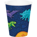 Vaso de papel con diseño de dinosaurios en colores vivos, perfecto para complementar fiestas temáticas de dinosaurios.