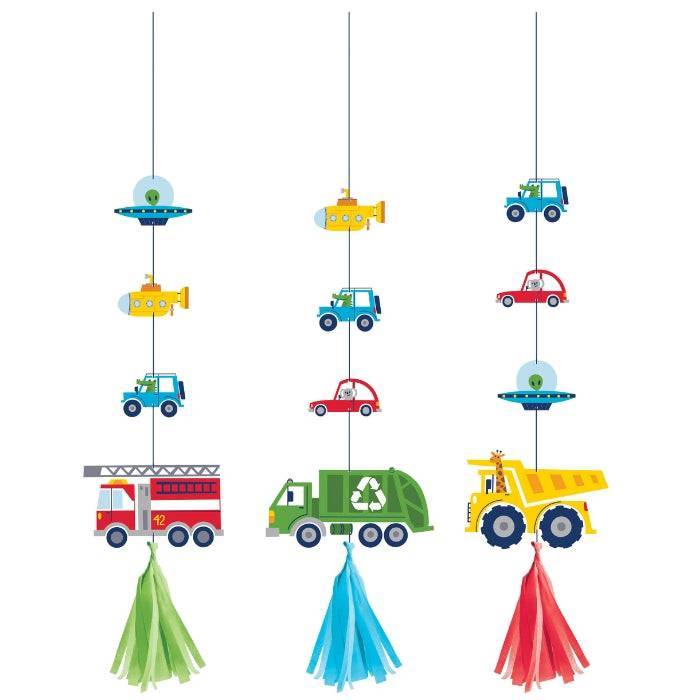 Decoración colgante fiesta Transportes (17.7cm) x 3 UND con diseños de carros, camiones y submarinos, ideal para cumpleaños infantiles.