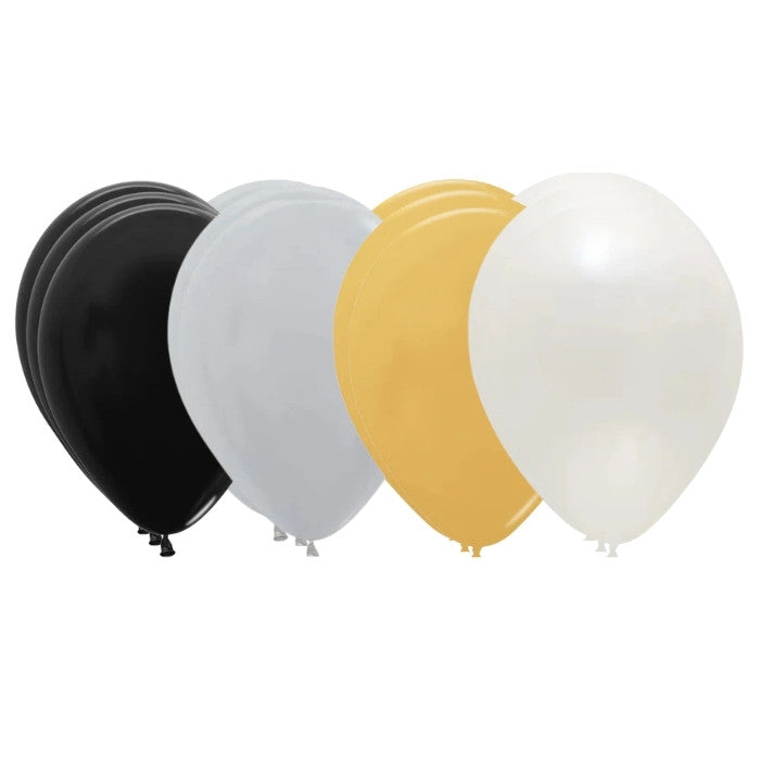 paquete surtido con globos en tonos satinados negro, plata, dorado y blanco