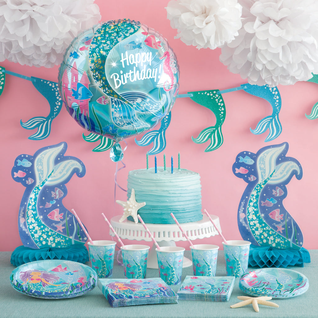 Kit de decoración Sirena Brillante para 8 invitados con platos, vasos, servilletas, globo foil y accesorios temáticos.