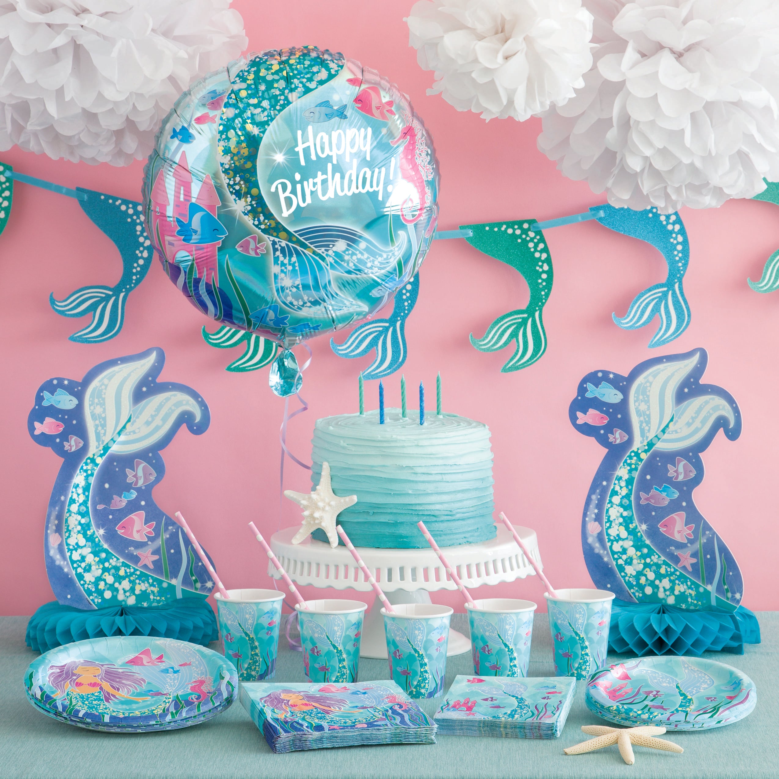 Kit de decoración Sirena Brillante para 8 invitados con platos, vasos, servilletas, globo foil y accesorios temáticos.