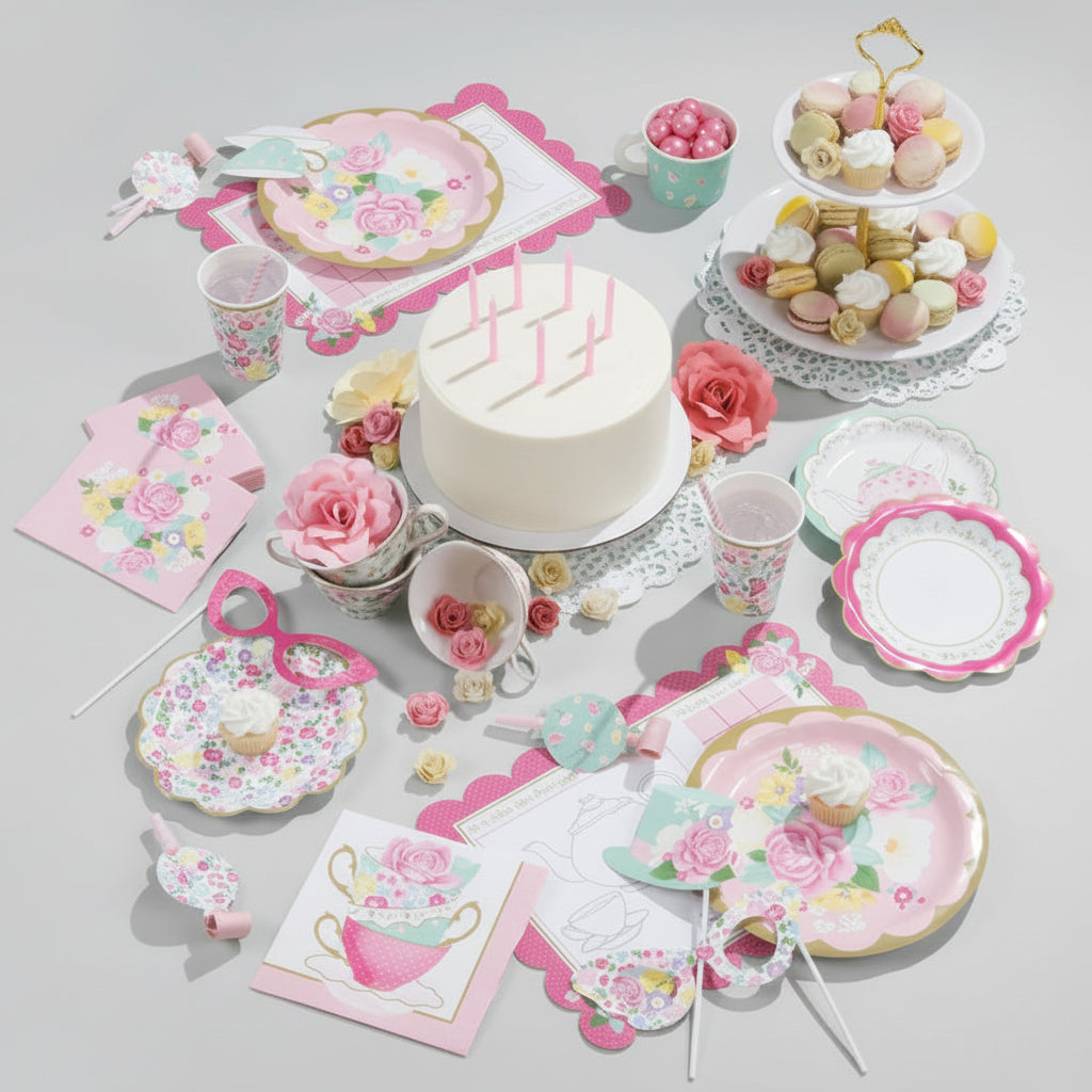 kit vajilla desechable con tema de flores rosas y tazas de té