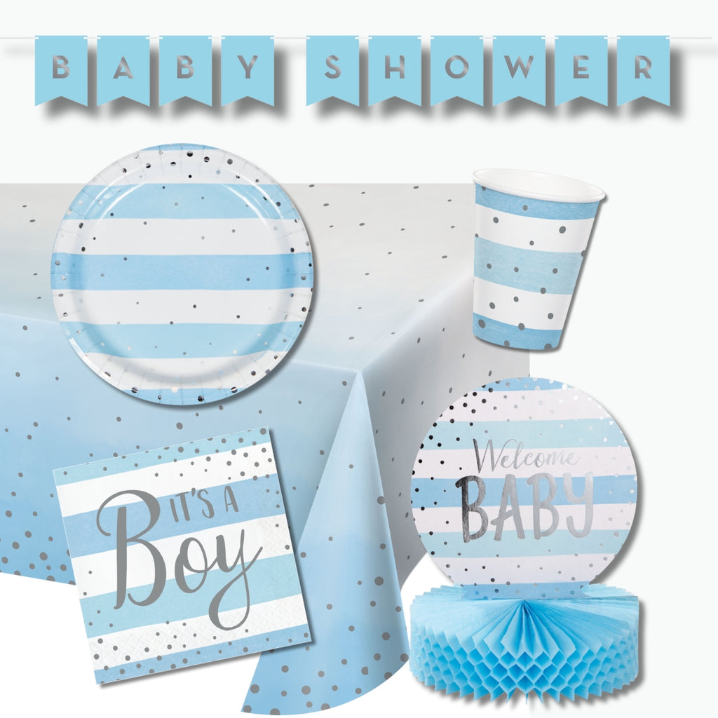 Kit Baby Shower Niño ExpertiBox con vajilla azul y plata para 8 personas, incluye platos, vasos, servilletas, mantel y decoración temática.