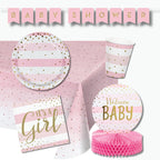 Kit Baby Shower Niña - Celebración con vajilla desechable rosa y dorado, decoración temática 'It's a Girl' y 'Welcome Baby'. Incluye mantel, platos, vasos y servilletas para 8 personas.