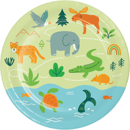 Platos grandes World Adventure con diseño de mapamundi y animales exploradores para primer año de niño