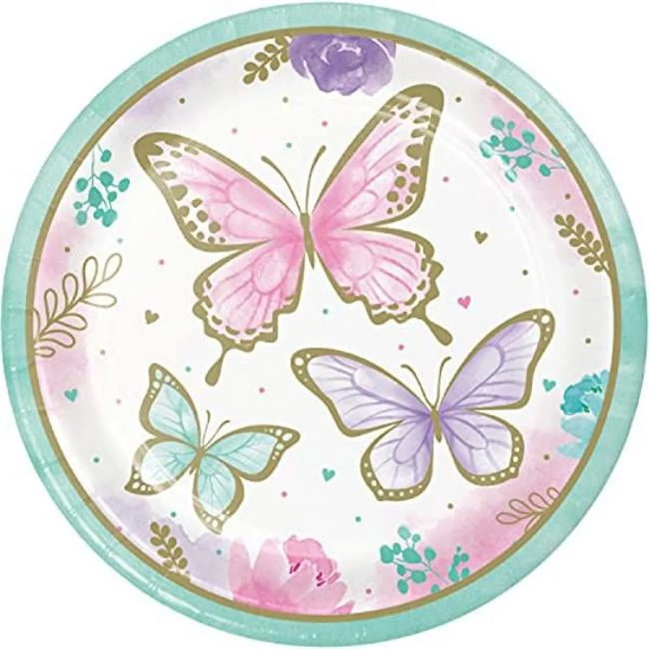 Plato fiesta temática de Mariposa de 22.2cm con diseño dorado y colorido de mariposas y flores. Ideal para celebracion de cumpleaños de muje