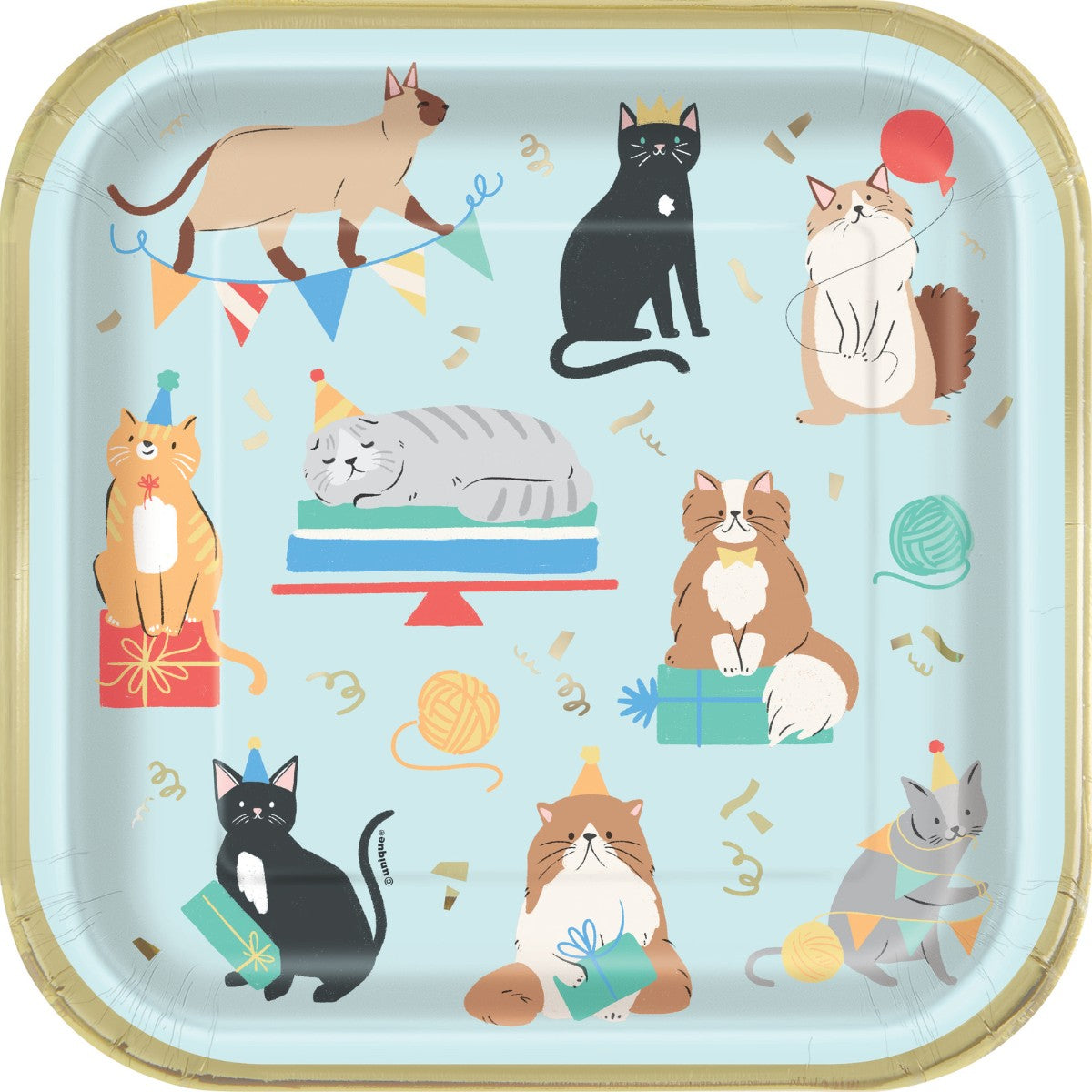 Platos Cuadrados Fiesta Gatuna Pawty Animals 22.8cm x 8 UND