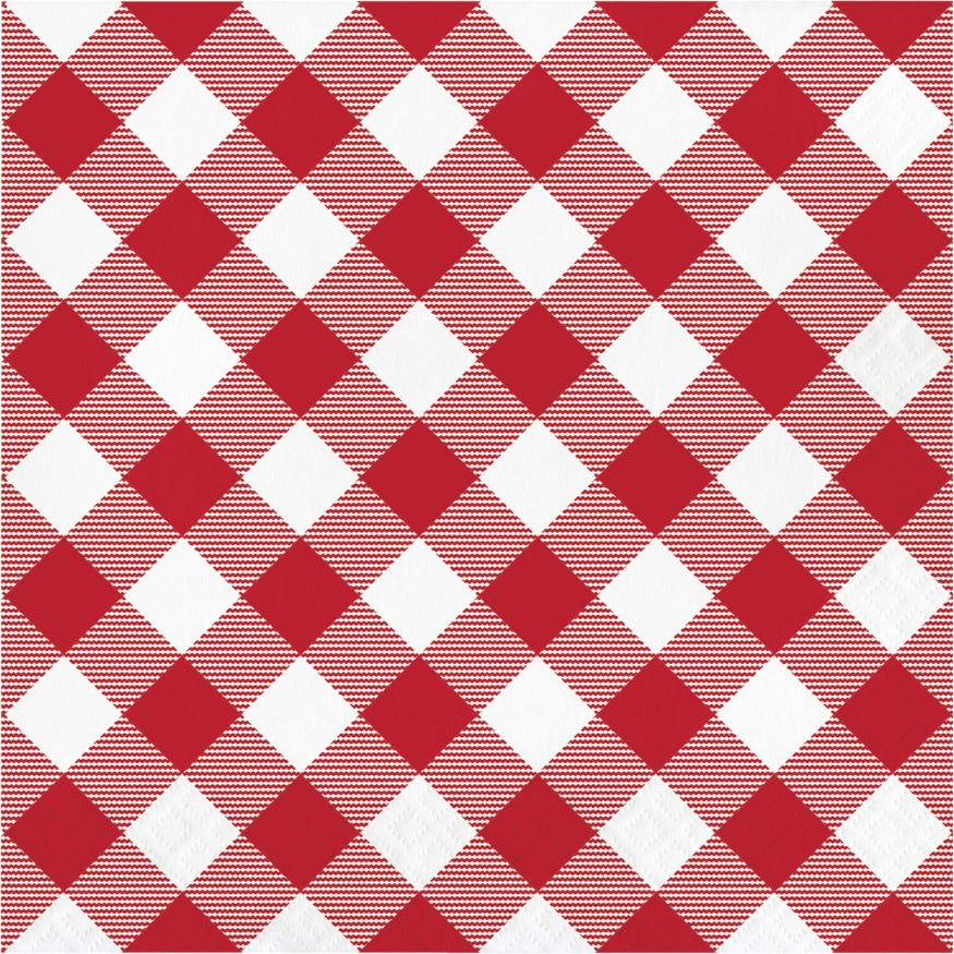 Servilleta grande con diseño de cuadros rojos y blancos, ideal para picnic o barbacoas al aire libre. Paquete de 16 unidades, material resistente.