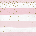 Servilleta pequeña Rosa Dorado x 16 UND con diseño de rayas rosas y blancas decoradas con puntos dorados, ideal para decoración de cumpleaños elegantes.