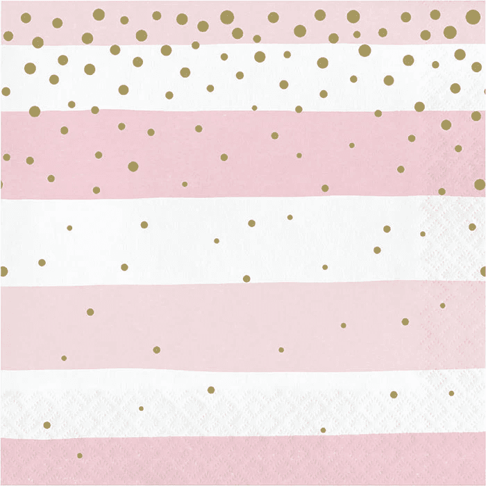 Servilleta pequeña Rosa Dorado x 16 UND con diseño de rayas rosas y blancas decoradas con puntos dorados, ideal para decoración de cumpleaños elegantes.