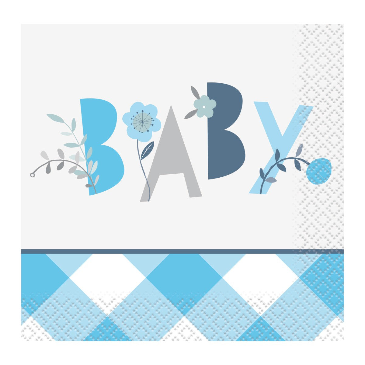 Servilletas pequeñas para baby shower niño con texto BABY y diseño decorativo en cuadros azules.